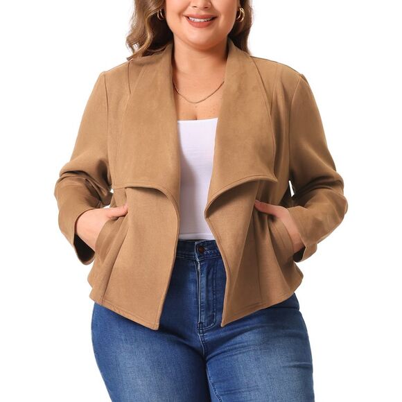 Plus Size Lapel Open Front Cardigans Outerwear Jackets Brown - Picture 1 of 6